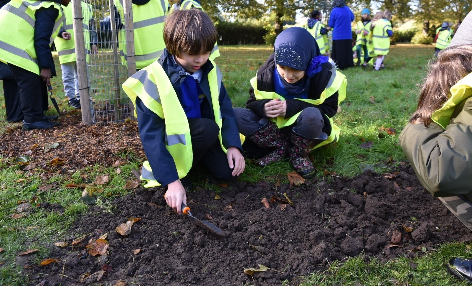 Children planting new trees for climate project