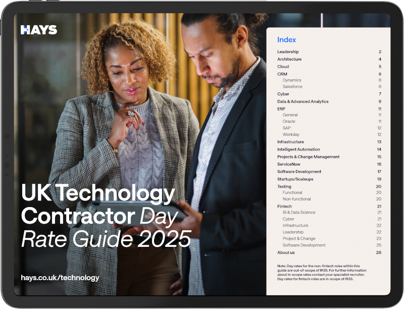 Two professionals discussing the UK Technology Contractor Day Rate Guide 2025, with an index of topics on the right. The guide, provided by Hays, includes sections on Leadership, Architecture, Cloud, CRM, Data & Advanced Analytics, ERP, Infrastructure, Intelligent Automation, Projects & Change Management, ServiceNow, Software Development, Testing, and IT/Data Science roles.